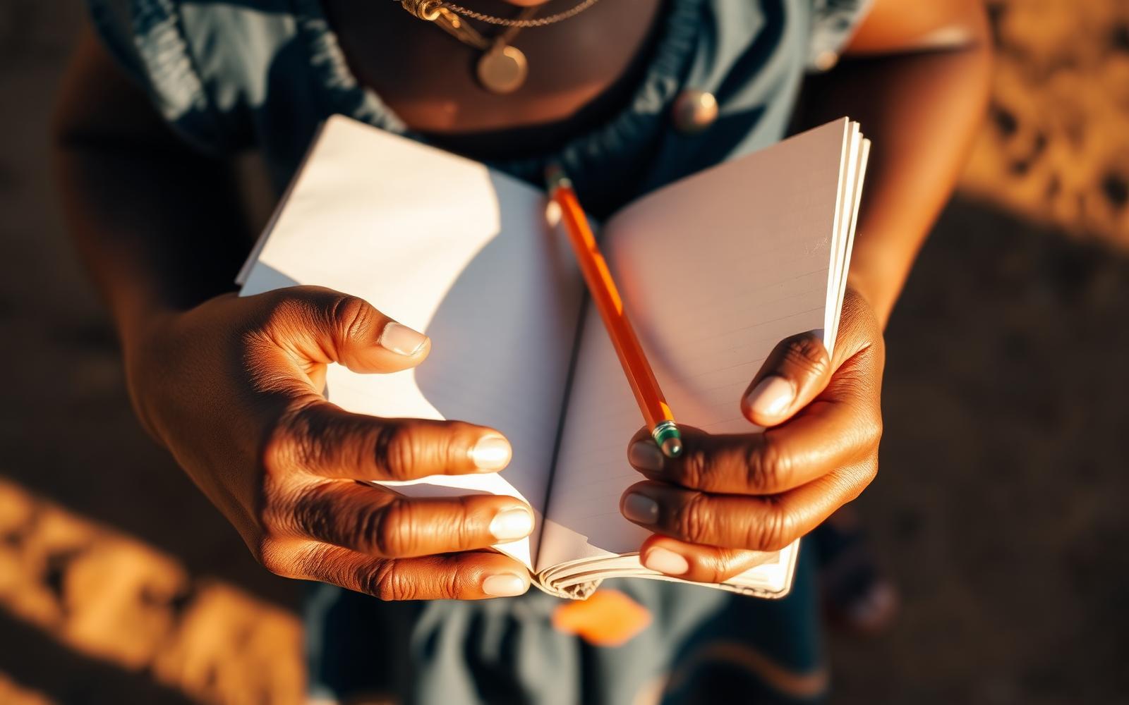A young girl writing in a notebook in warm light